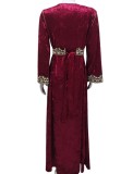Autumn/Winter Muslim Women's V-Neck Long Sleeve Embroidery Velvet Dress