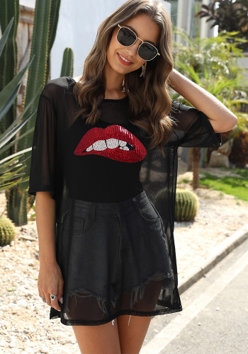 Women's Sexy See-Through Mesh Dress Glitter Lips Embroidery Applique T-Shirt Cover-Up