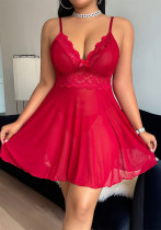 Sexy Plus Size Lingerie Lace See-Through Pajamas Strap Dress Thong Set