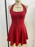 Women's Solid Color Halter Neck Lace-Up Strapless Hollow Patchwork Slim Waist Low Back Cocktail Dress