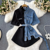Color Block Turndown Collar Slim Waist A-Line Single Button Denim Shirt Irregular T-Shirt Dress