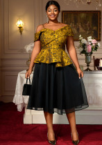 Plus Size Embroidered Irregular Sleeves Blouse Mid-Length Mesh Skirt Two-Piece Set