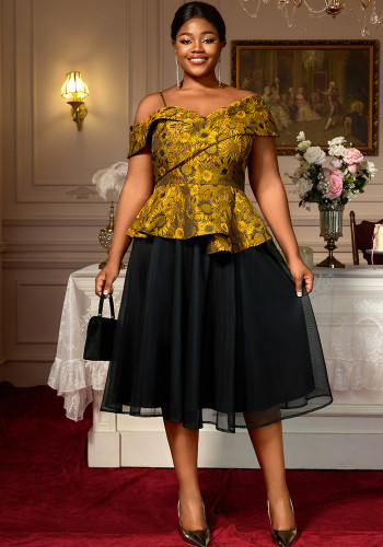 Plus Size Embroidered Irregular Sleeves Blouse Mid-Length Mesh Skirt Two-Piece Set