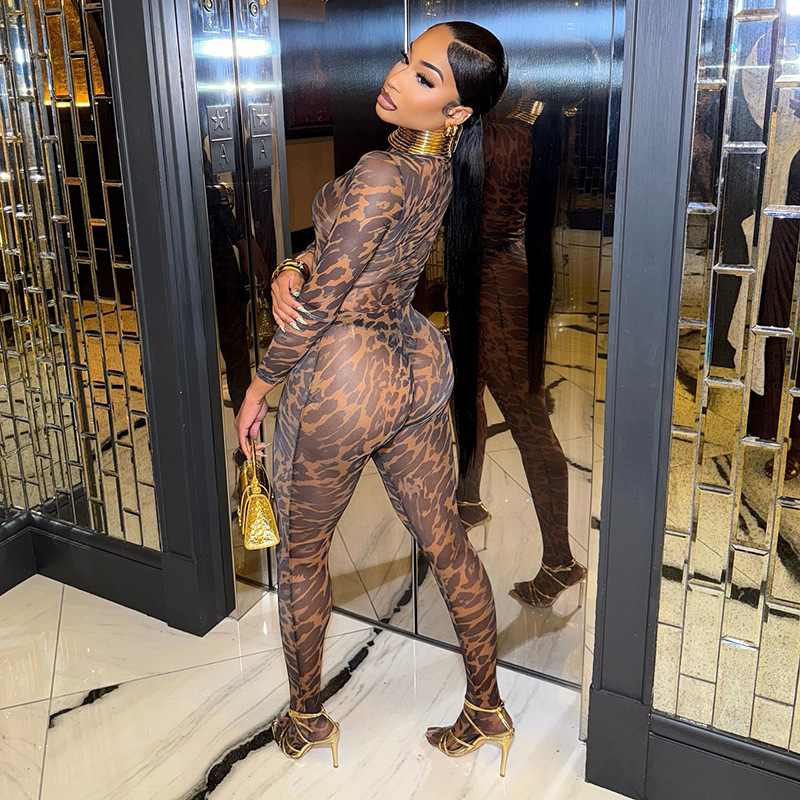 Women's Leopard Print Mesh High Neck Long Sleeve Fingerless Glove Bodysuit Tight Fitting Leggings Set