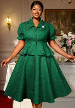 Plus Size Women's Green Jacquard Turndown Collar Button Ruffled Blouse A-line Skirt Two-Piece Set