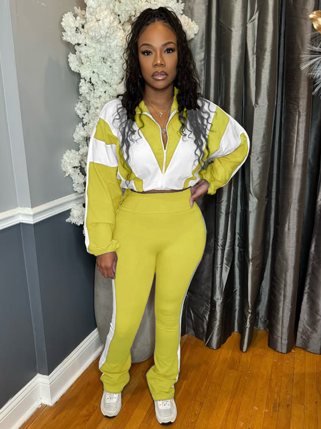 Women’s Casual Sportswear Color Block Slim Waist Two-Piece Jogger Set