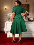 Plus Size Women's Green Jacquard Turndown Collar Button Ruffled Blouse A-line Skirt Two-Piece Set
