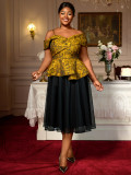 Plus Size Embroidered Irregular Sleeves Blouse Mid-Length Mesh Skirt Two-Piece Set