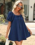 Summer Women's Square Neck Puff Sleeve Denim Short Dress