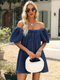 Summer Women's Square Neck Puff Sleeve Denim Short Dress