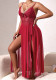 Pearl Embellished Low Back Nightgown Sexy Mesh Side Slit Strap Dress