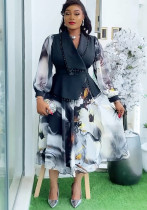 Plus Size Women's Elegant African Print Autumn/Winter Chic Color Block Midi Dress
