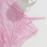 Pink Lace See-Through Casual Tank Top Shorts Panty Sexy Three-Piece Set