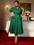 Plus Size Women's Green Jacquard Turndown Collar Button Ruffled Blouse A-line Skirt Two-Piece Set