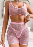Pink Lace See-Through Casual Tank Top Shorts Panty Sexy Three-Piece Set