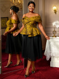 Plus Size Embroidered Irregular Sleeves Blouse Mid-Length Mesh Skirt Two-Piece Set