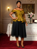 Plus Size Embroidered Irregular Sleeves Blouse Mid-Length Mesh Skirt Two-Piece Set