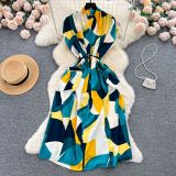 Retro V-Neck Print Dress Women's Summer Tie Slim Waist Loose Shirt Dress