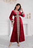 Autumn/Winter Muslim Women's V-Neck Long Sleeve Embroidery Velvet Dress