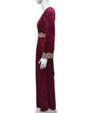 Autumn/Winter Muslim Women's V-Neck Long Sleeve Embroidery Velvet Dress