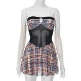 Women's Strapless Low Back Pleated Plaid Patchwork Mesh Dress