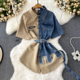 Color Block Turndown Collar Slim Waist A-Line Single Button Denim Shirt Irregular T-Shirt Dress