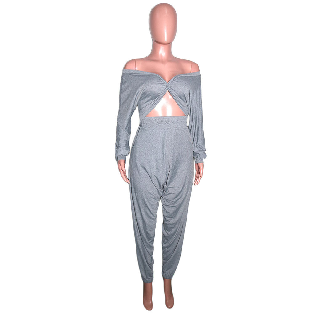 Women's Sexy Crop V-Neck Solid Color Cross Front Top Pants Two-Piece Set