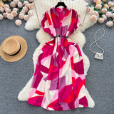 Retro V-Neck Print Dress Women's Summer Tie Slim Waist Loose Shirt Dress