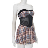 Women's Strapless Low Back Pleated Plaid Patchwork Mesh Dress