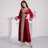 Autumn/Winter Muslim Women's V-Neck Long Sleeve Embroidery Velvet Dress