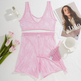 Pink Lace See-Through Casual Tank Top Shorts Panty Sexy Three-Piece Set