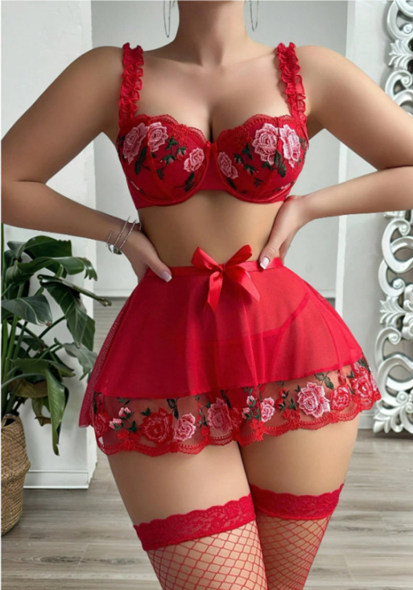 Women Red Temptation Rose Embroidery Suspender Sexy Lingerie
