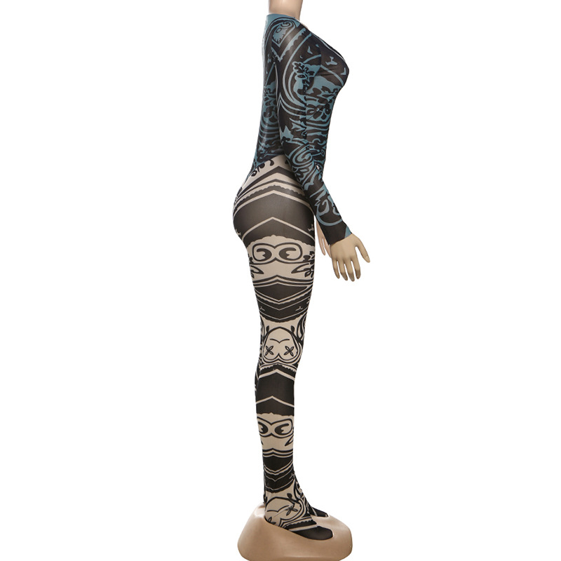 Women Summer Sexy Mesh Long Sleeve Bodysuit and Pants Two-piece Set