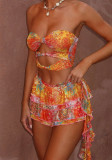 Women Sexy Strapless Top and Print Ruffle Edge Skirt Two-piece Set