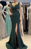 Women clothing beaded pleated V Neck Formal Party evening dress