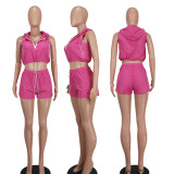 Women'S Fashion Casual Half Zip Hooded Sleeveless Two-Piece Shorts Set Women'S Clothing