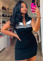 Women Polo Neck Striped Knitting Summer Sexy Bodycon Dress