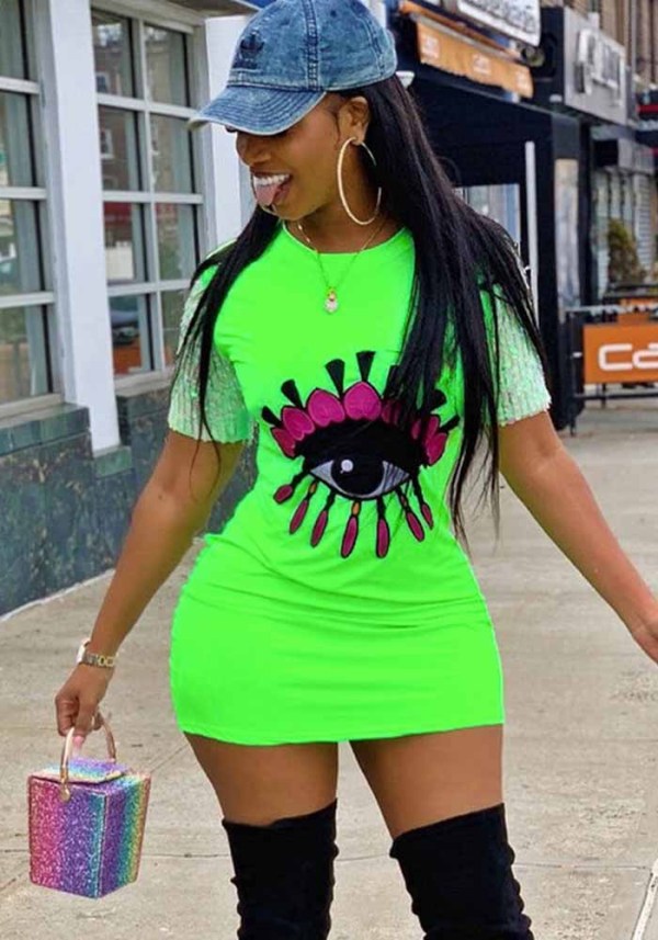 Women Casual sequin sleeve patch Bodycon Dress