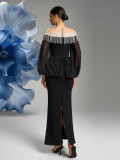 Women Round Neck Irregular Long Sleeve Light Luxury Beaded Bodycon Long Dress Dinner Dress