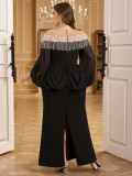 Women Round Neck Irregular Long Sleeve Light Luxury Beaded Bodycon Dinner Dress