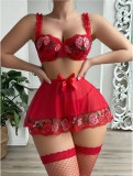 Women Red Temptation Rose Embroidery Suspender Sexy Lingerie