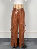 Women Multi-pocket Style PU-Leather Retro Pants