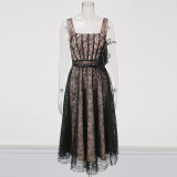 Women French Retro Summer Suspender Maxi Fishbone Lace Dress