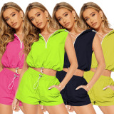 Women'S Fashion Casual Half Zip Hooded Sleeveless Two-Piece Shorts Set Women'S Clothing