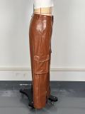 Women Multi-pocket Style PU-Leather Retro Pants