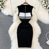 Women Polo Neck Striped Knitting Summer Sexy Bodycon Dress
