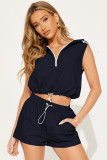 Women'S Fashion Casual Half Zip Hooded Sleeveless Two-Piece Shorts Set Women'S Clothing