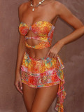 Women Sexy Strapless Top and Print Ruffle Edge Skirt Two-piece Set