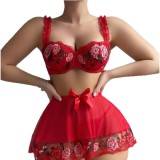 Women Red Temptation Rose Embroidery Suspender Sexy Lingerie
