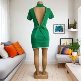 Women Sexy Turndown Collar Short Sleeve Top and Split Skirt Two-piece Set